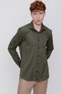 Shirt - Men's Khaki Plain Slim Fit Slim Fit Satin Lycra Shirt 100350747 - Turkey