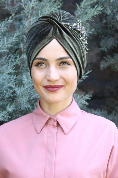 Woman Bonnet & Turban - Samt Pailletten Vera Bone Khaki Grün - Turkey