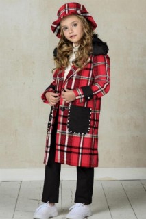 Coat, Trench Coat - Girl's Plaid Coat 5-Piece Red Top and Bottom Set 100351624 - Turkey