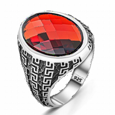 Greek Motif Red Zircon Sterling Silver Ring 100350281