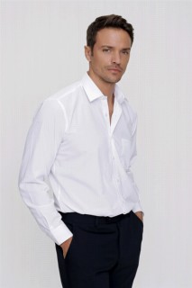 Men's White Basic Regular Fit Comfy Cut Solid Collar Long Sleeved Shirt with Pocket 100351306