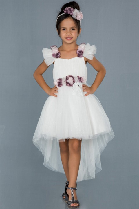 Evening Dress - Evening Dresses With Floral Belt Short Front Long Back Long Glittery Kids Evening Dress 100297439 - Turkey