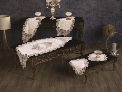 French Guipure Jasmine Velvet Living Room Set 5 Pieces Cream Gold 100258182