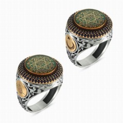 Men Shoes-Bags & Other - Seal of Prophet Solomon Embroidered Zircon Stone Silver Men's Ring Green 100348148 - Turkey