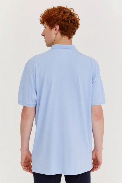 Men's Blue Basic Polo Neck Pocketless Battal Wide Cut Dobby T-Shirt 100351227