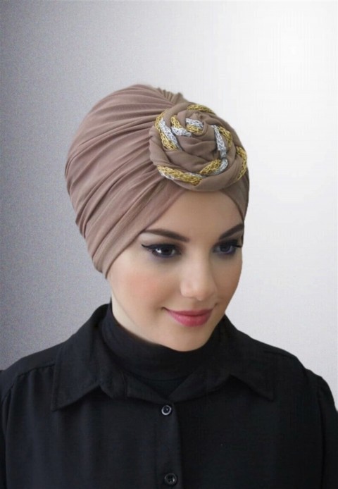 Woman Bonnet & Turban - Ready Made Donut Cap Colored-Caramel - Turkey