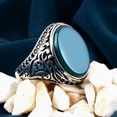 Green Agate Stone Silver Men's Ring 100348174