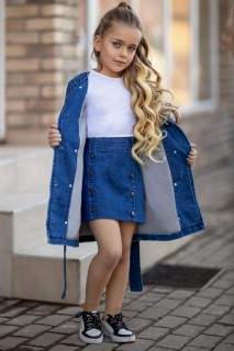 Kids - Girl's Trench Coat and Button Detailed Denim Blue 4-Skirt Suit 100328690 - Turkey