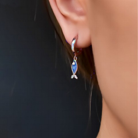 Jewelry & Watches - Blue Enamel Stone Detailed Fish Silver Earrings 100349940 - Turkey