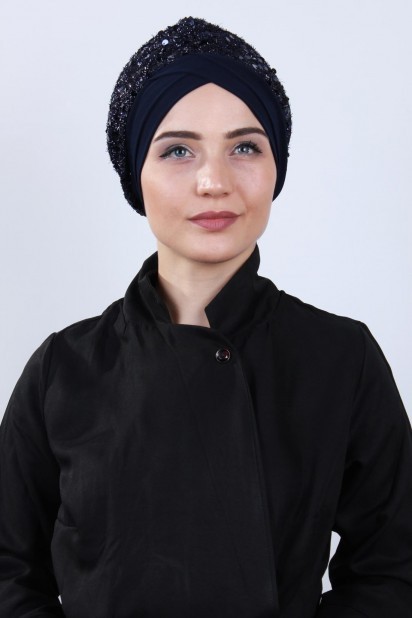 Woman Bonnet & Hijab - غطاء رايات مزين بالترتر أزرق كحلي - Turkey