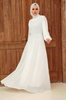 Woman - White Hijab Evening Dress 100339714 - Turkey