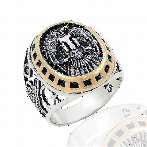 Animal Rings - Three Dimensional Double Headed Eagle Pattern Tugra And Vav Motif Sterling Silver Men's Ring 100348576 - Turkey