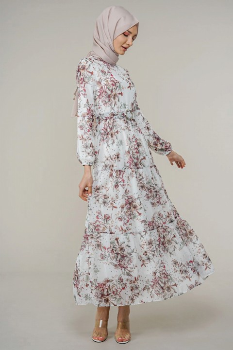 Women's Floral Patterned Chiffon Dress With Belt 100325996