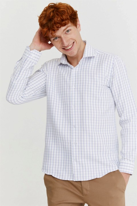 Men Clothing - قميص ذو ياقة إيطالي منقوش كريمي للرجال 100351204 - Turkey