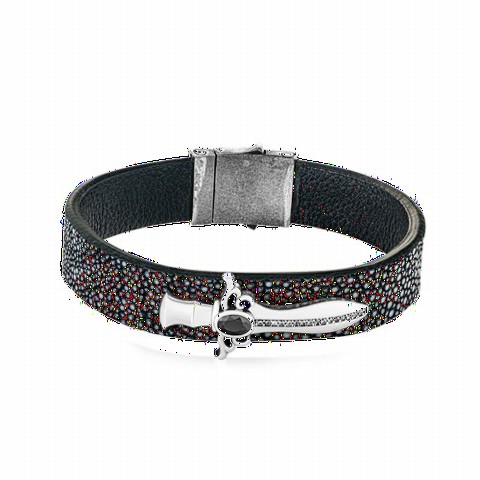 Silver Rings 925 - Sword Patterned Leather Bracelet With Zircon Stone 100349541 - Turkey