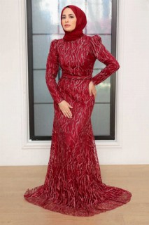 Woman - Claret Red Hijab Evening Dress 100341045 - Turkey
