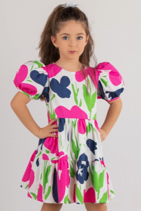 Girl's Round Neck and Flower Printed Watermelon Sleeve Colorful Dress 100327264