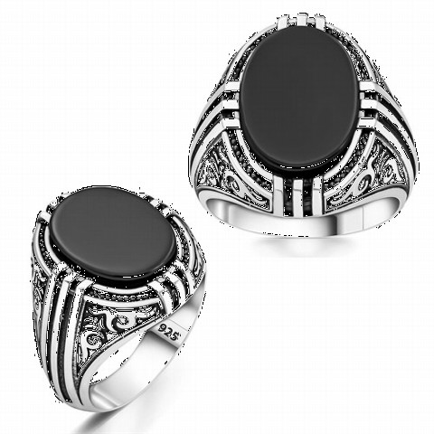 Onyx Stone Rings - Oval Onyx Stone Patterned Silver Ring 100350259 - Turkey
