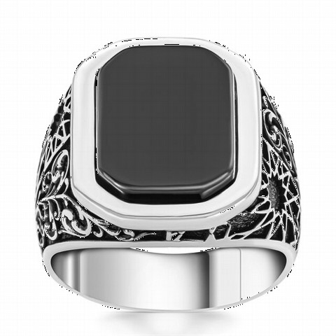 Onyx Stone Silver Ring with Embroidered Sides 100350314