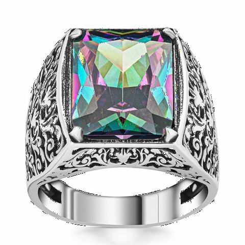 Men Shoes-Bags & Other - Flower Motif Mystic Topaz Stone Sterling Silver Ring 100350372 - Turkey