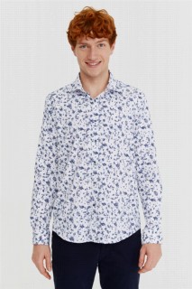 Men's White Cotton Slim Fit Slim Fit Jacquard Patterned Italian Collar Long Sleeve Shirt 100350610