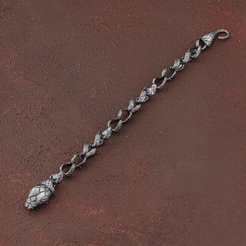 Bracelet - Snake Pattern Embroidered Head Locked Silver Chain Bracelet 100349885 - Turkey