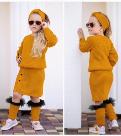 Girl's Fancy Mustard Knitwear Skirt Suit 100326635