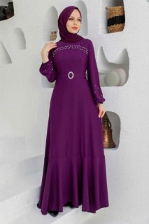 Wedding & Evening - Plum Color Hijab Evening Dress 100340096 - Turkey