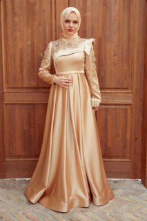 Evening & Party Dresses - Gold Hijab Evening Dress 100339988 - Turkey