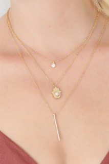 Necklaces - Gold Color Fatma Ana Hand Figure Pearl Bead Detail Multiple Women's Necklace 100327946 - Turkey