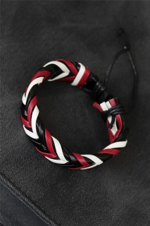 Men - Claret Red White Black Knitted Leather Men's Bracelet 100342413 - Turkey