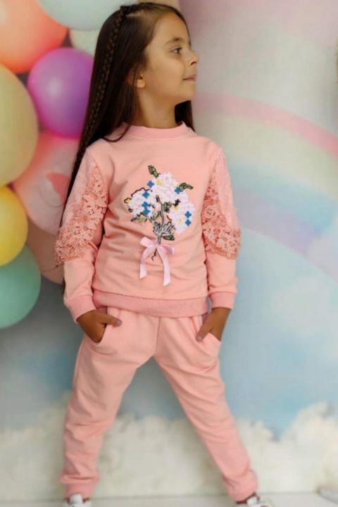 Girls' Pink Tracksuit With Sleeves And Floral Lace Embroidered Pink Tracksuit 100328169