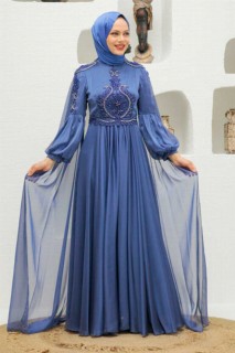 Evening & Party Dresses - İndigo Blue Hijab Evening Dress 100339298 - Turkey