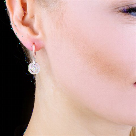 jewelry - Octagonal Zircon Stone Silver Women's Earrings 100349611 - Turkey