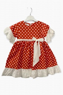 Girls - Girl Ruffle Detailed Waist Bow Polka Dot Short Sleeve Pomegranate Dress 100327244 - Turkey