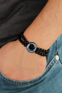 Men - Blue Metal Ottoman Emblem Figure Black Color Double Row Natural Stone Men's Bracelet 100318469 - Turkey