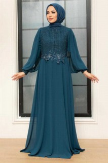 Petrol Blue Hijab Evening Dress 100341312