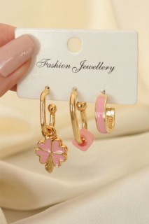 Earrings - Pink Enamel Clover Model Earring Set 100319867 - Turkey