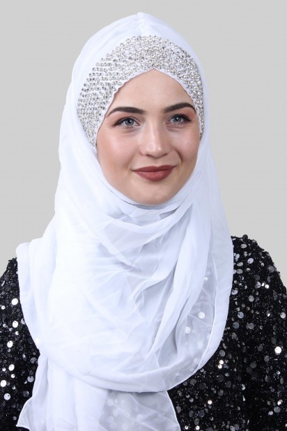 Ready to wear Hijab-Shawl - شال بتصميم حجر بونيه أبيض - Turkey