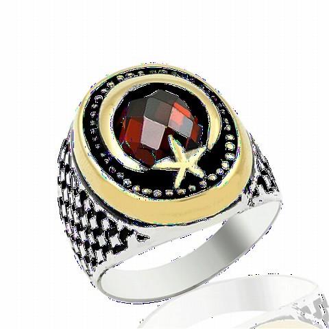 Silver Rings 925 - Zircon Stone Moon Star Motif Straw Patterned Sterling Silver Men's Ring 100349076 - Turkey