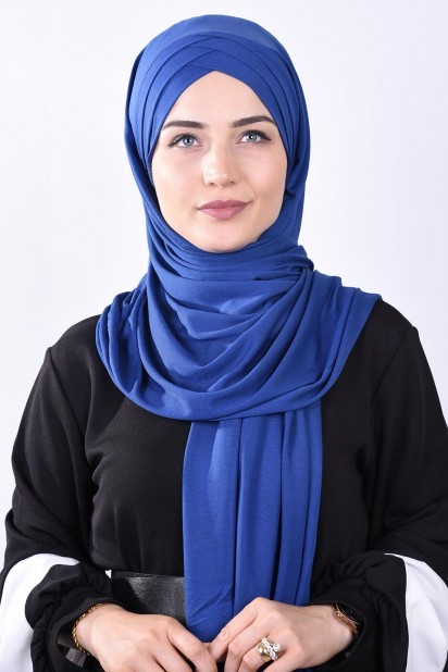 Woman Bonnet & Hijab - Combed Cotton 3-Striped Shawl Sax Blue 100285217 - Turkey