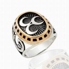 Moon Star Rings - Oval Three Crescent Patterned Sterling Silver Men's Ring 100348798 - Turkey