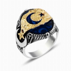 Moon Star Rings - Our Blue Stone Crescent and Star Flag Model Embroidered Silver Men's Ring 100348183 - Turkey