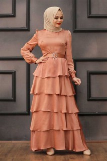 Wedding & Evening - Salmon Pink Hijab Evening Dress 100337549 - Turkey