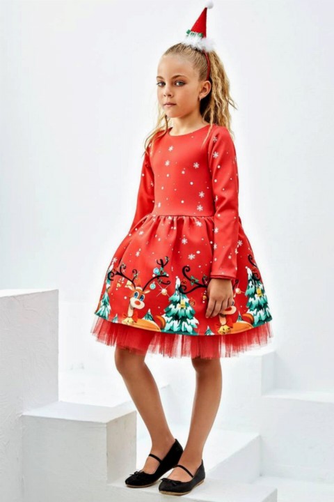 Kids - Girl Deer Snowflake Red Christmas Dress 100326987 - Turkey