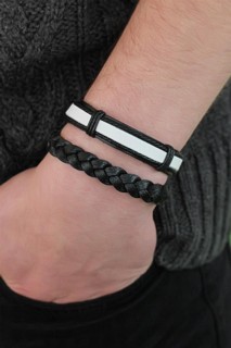 Bracelet - Black and White Color Leather Men's Bracelet Combination 100342403 - Turkey