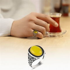 Ottoman Patterned Silver Ring With Yellow Agate Stone 100347831