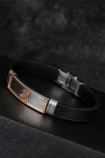Others - Rose Color Sickle Figured Metal Accessory Black Color Leather Men's Bracelet 100342405 - Turkey