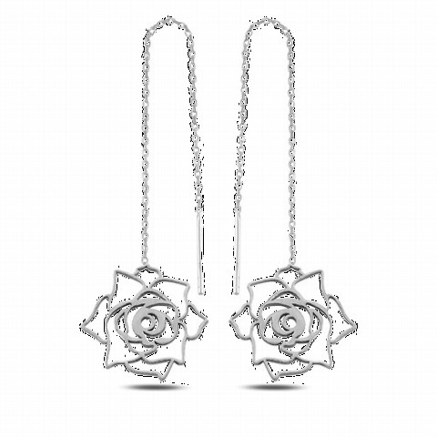 Jewelry & Watches - Rose Embroidered Dangle Women's Silver Earrings Silver 100346684 - Turkey