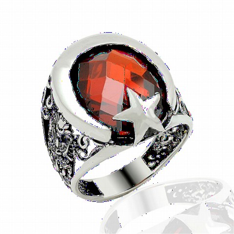Silver Rings 925 - Zircon Stone Moon and Star Patterned Ottoman Tugra Motif Sterling Silver Men's Ring 100349077 - Turkey